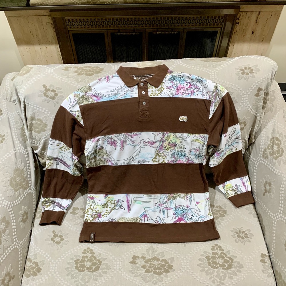 Lng Great Condition Brown Strip Polo Shirt